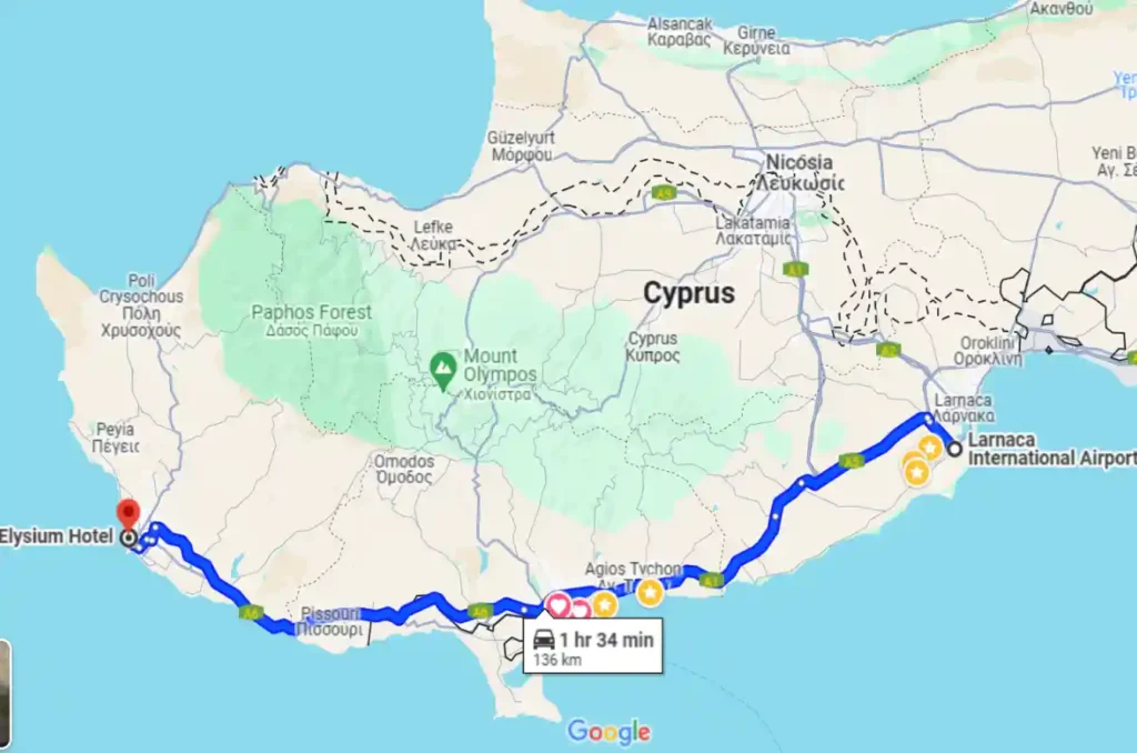 Taxi from Airport Larnaca to Elysium Hotel Paphos Price?